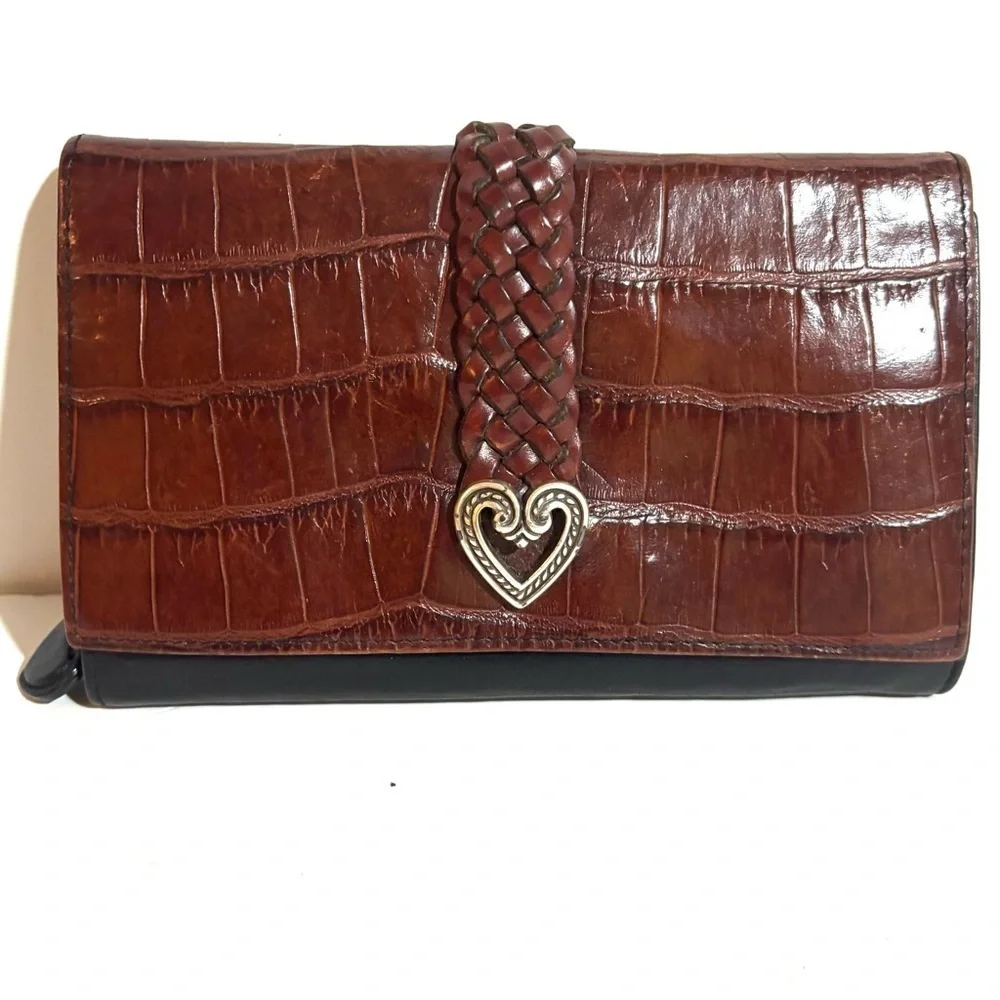 Brighton Brown Crocodile print leather wallet Clutch with Braided Detail